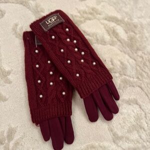 UGG Women's Burgundy Gloves with Pearl Details